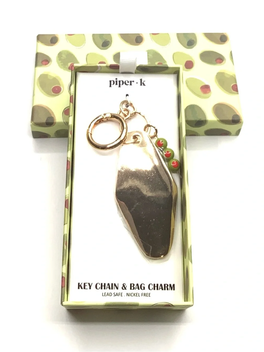 piper·k Gold-Tone Key Chain & Bag Charm in Aqua Stripe with Martini Accent